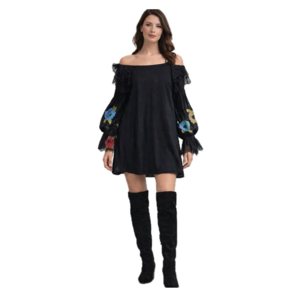 Roja, Embroidered Tunic Dress Floral Embroidered Balloon Sleeves, Size M